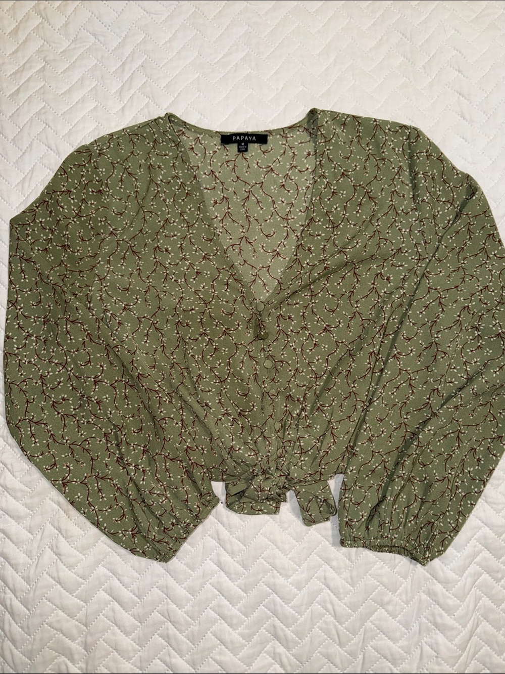 Papaya Olive Green Floral Tie-Front Blouse